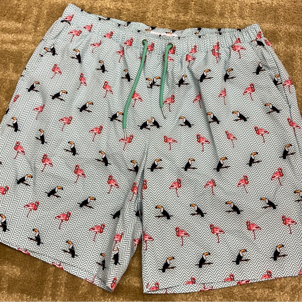 Mosmann Australia Teal Flamingo/Toucan Print Men’s Large Swim Trunks Lined